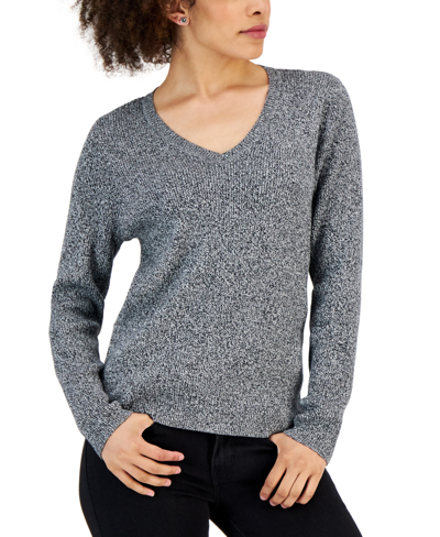 Karen Scott Women's V-neck Ribbed Sweater, Created For Macy's In Winter White Marl