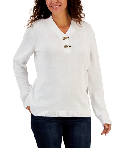 Karen Scott Women's Hardware Cotton Henley Top, Created For Macy's In Winter White
