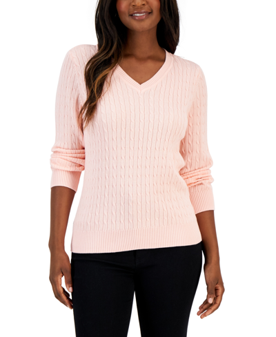 Karen Scott Women's Cable V-neck Long Sleeve Sweater, Created For Macy's In Soft Pink