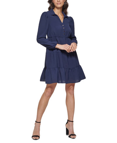 Kensie Collared Tiered Shift Dress In Navy