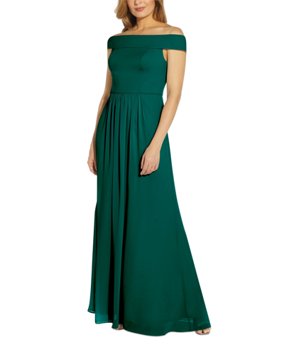 Adrianna Papell Off-the-shoulder Chiffon Gown In Hunter