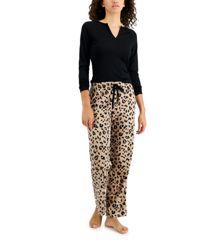 Jenni Women's Printed Wide-leg Fleece Pajama Pants, Created For Macy's In Deep Black