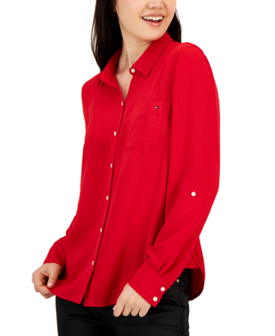 Tommy Hilfiger Women's Cotton Roll-tab Button-up Shirt In Scarlet