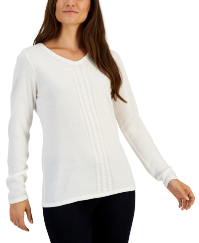 Karen Scott Women's V-neck Front-cable Sweater, Created For Macy's In Luxsoft White