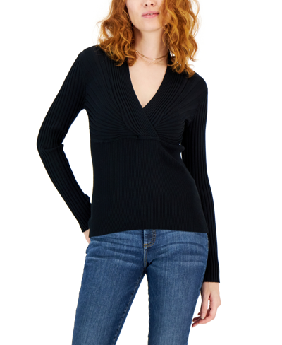 Inc International Concepts Women's Ribbed Surplice Pullover Sweater, Created For Macy's In Deep Black