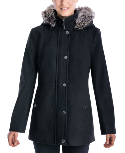 London Fog Women's Faux-fur-trim Hooded Walker Coat In Black