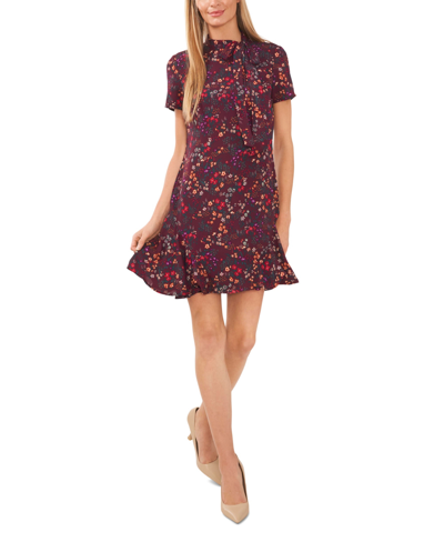 CECE WOMEN'S SHORT SLEEVE PRINTED GODET DRESS WITH BOW NECK