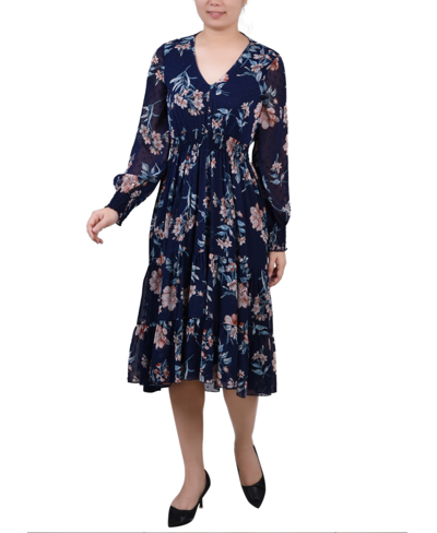 Ny Collection Women's Long Sleeve Clip Dot Chiffon Dress With Smocked Waist And Cuffs Dress In Navy Hydrolily