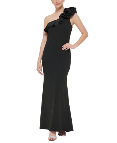 Jessica Howard Petite Women's Ruffled One-shoulder Gown In Black