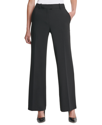 Dkny Petite Solid Fixed-waist Slant-pocket Wide-leg Pants In Black