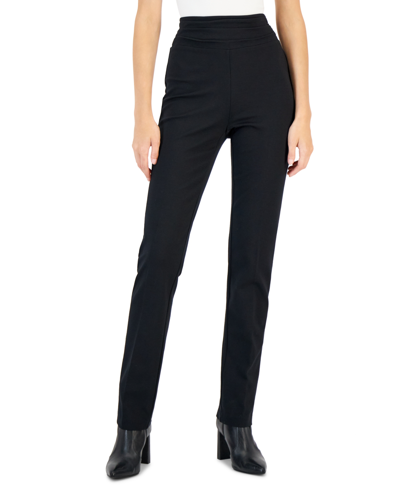 Inc International Concepts Women's Ruched-waistband Straight-leg Ponte-knit Pants, Created For Macy's In Deep Black