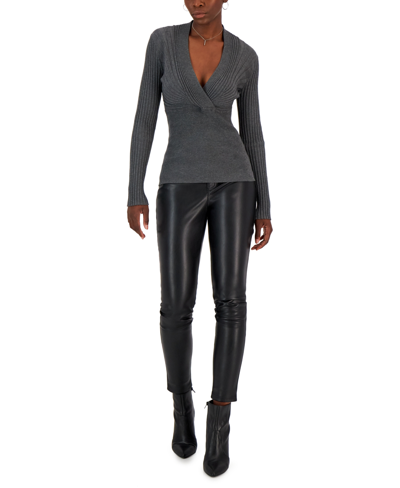 Inc International Concepts Women's Ribbed Surplice Pullover Sweater, Created For Macy's In Medium Heather Grey