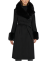 Via Spiga Wool Blend Belted Coat With Faux Fur Trim In Black