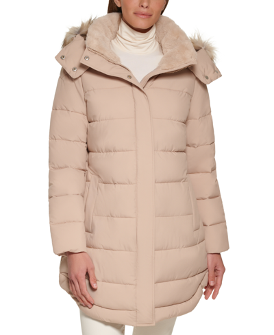 Calvin Klein Women's Faux-fur-trim Hooded Puffer Coat, Created For Macy's In Barley