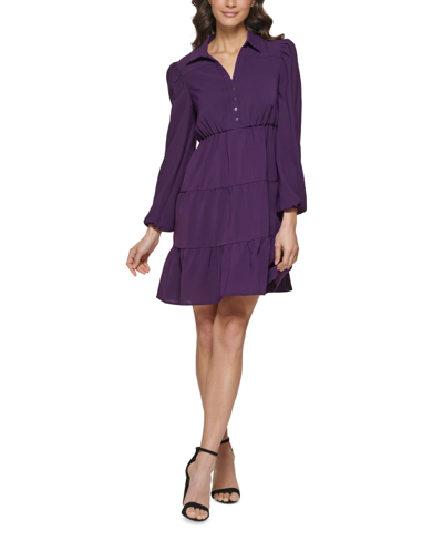Kensie Collared Tiered Shift Dress In Eggplant