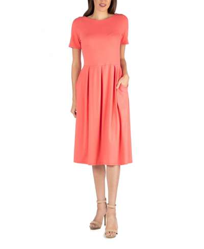 24seven Comfort Apparel Midi Dress With Short Sleeves And Pocket Detail In Coral
