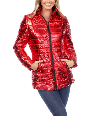 White Mark Metallic Puffer Coat In Red
