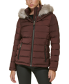 Dkny Women's Faux-fur-trim Hooded Water-resistant Puffer Coat In Burgundy