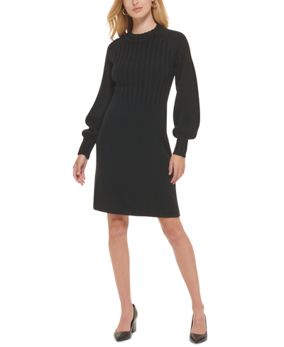 Calvin Klein Petite Ribbed Puff-sleeve High-neck Sweater Dress In Black