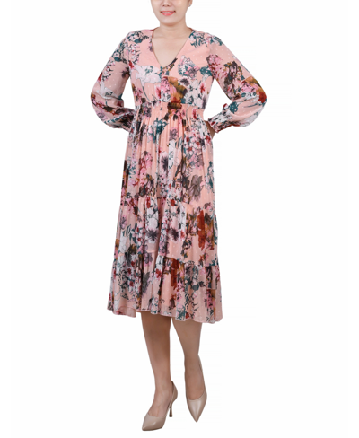 Ny Collection Women's Long Sleeve Clip Dot Chiffon Dress With Smocked Waist And Cuffs Dress In Blush Wtrclr Floral