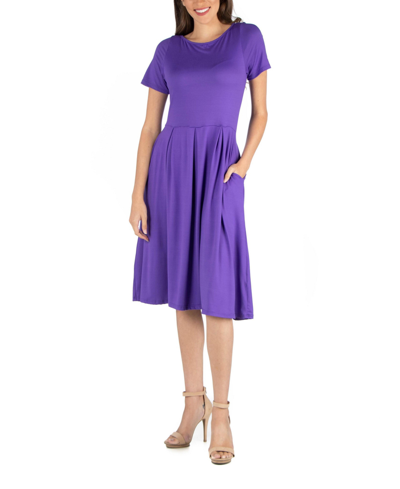 24seven Comfort Apparel Maternity Midi Dress With Short Sleeve And Pocket Detail In Lilac