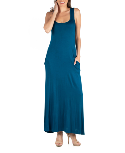 24seven Comfort Apparel Scoop Neck Sleeveless Maternity Maxi Dress With Pockets In Turquoise