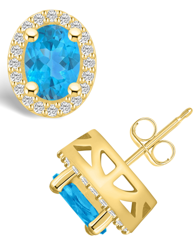 Macy's Topaz (3-1/5 Ct. T.w.) And Diamond (3/8 Ct. T.w.) Halo Stud Earrings In 14k Yellow Gold In Blue Topaz