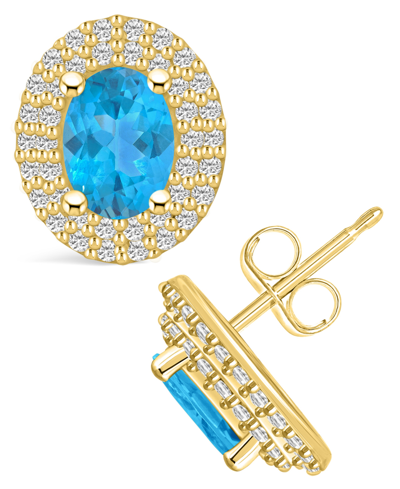 Macy's Topaz (2 Ct. T.w.) And Diamond (1/2 Ct. T.w.) Halo Stud Earrings In 14k Yellow Gold In Blue Topaz