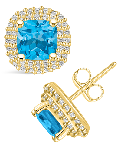 Macy's Topaz (2-1/2 Ct. T.w.) And Diamond (3/8 Ct. T.w.) Halo Stud Earrings In 14k Yellow Gold In Blue Topaz