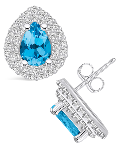 Macy's Topaz (1-3/4 Ct. T.w.) And Diamond (5/8 Ct. T.w.) Halo Stud Earrings In 14k White Gold In Blue Topaz