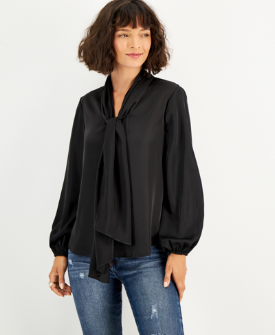 Bar Iii Plus Size Bow-tie Long-sleeve Blouse, Created For Macy's In Black