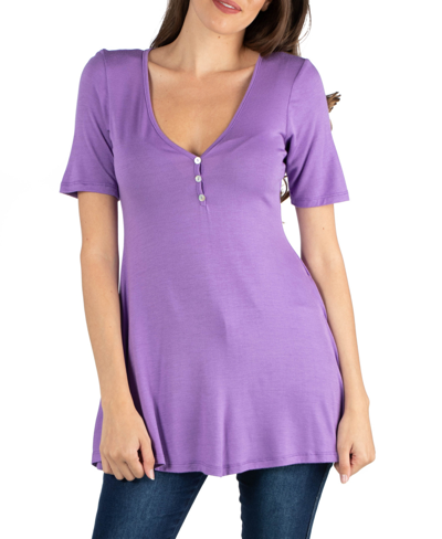 24seven Comfort Apparel Quarter Sleeve Maternity Tunic Top With Button Detail In Lilac