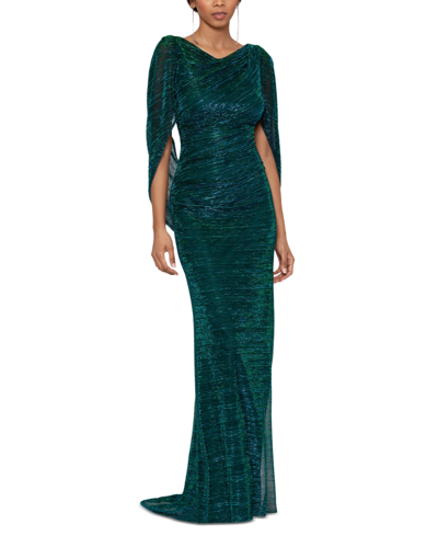 Betsy & Adam Women's Metallic Cape-sleeve Gown In Jade