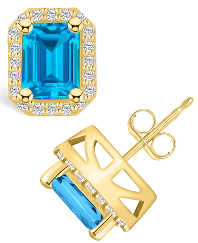 Macy's Topaz (4 Ct. T.w.) And Diamond (3/8 Ct. T.w.) Halo Stud Earrings In 14k Yellow Gold In Blue Topaz