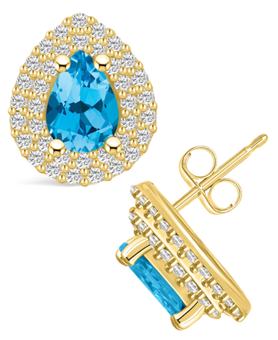 Macy's Topaz (1-3/4 Ct. T.w.) And Diamond (5/8 Ct. T.w.) Halo Stud Earrings In 14k Yellow Gold In Blue Topaz
