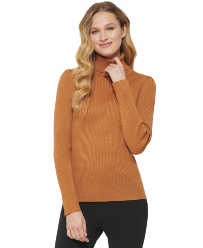 Dkny Women's Turtleneck Cutout Ribbed Elbow-sleeve Sweater In Roasted Pecan