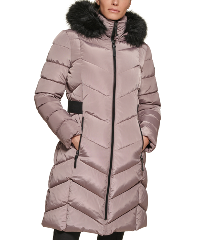 Calvin Klein Women's Plus Size Faux-fur-trim Hooded Puffer Coat, Created For Macy's In Fig