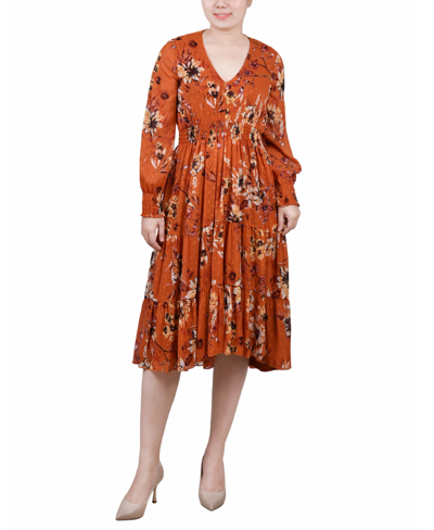 Ny Collection Women's Long Sleeve Clip Dot Chiffon Dress With Smocked Waist And Cuffs Dress In Orange Hauppage