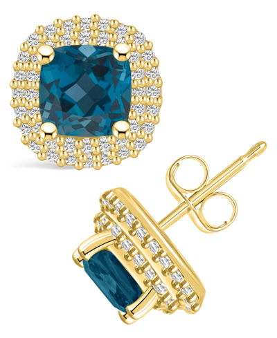 Macy's London Topaz (2-1/2 Ct. T.w.) And Diamond (3/8 Ct. T.w.) Halo Stud Earrings In 14k Yellow Gold In London Blue Topaz