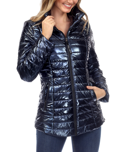 White Mark Women's Metallic Puffer Coat In Blue