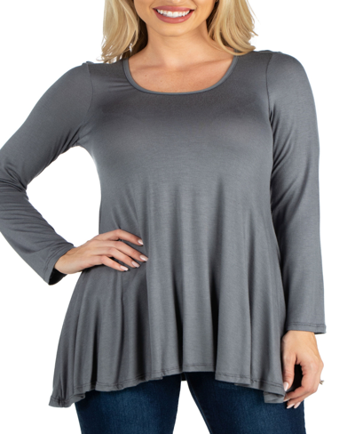 24seven Comfort Apparel Long Sleeve Solid Color Swing Style Flared Tunic Top In Charcoal
