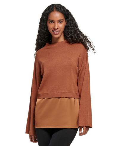Calvin Klein Women s Mock Neck Mixed Media Layered Sweater In Tortoise ModeSens