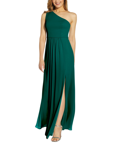 Adrianna Papell One-shoulder Chiffon Gown In Hunter