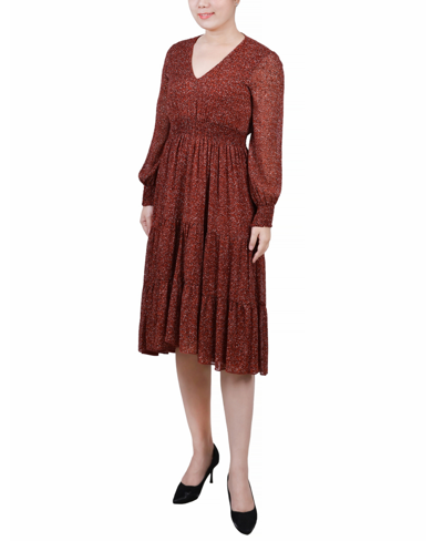 Ny Collection Women's Long Sleeve Clip Dot Chiffon Dress With Smocked Waist And Cuffs Dress In Brown Cheetah