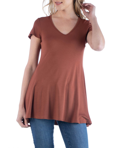 24seven Comfort Apparel Women's Short Sleeve Loose Fit Tunic Top With V-neck In Brown