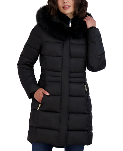Tahari Women's Velvet Bibbed Faux-fur-trim Hooded Puffer Coat In Black