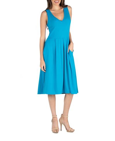 24seven Comfort Apparel Fit And Flare Midi Sleeveless Dress With Pocket Detail In Turq