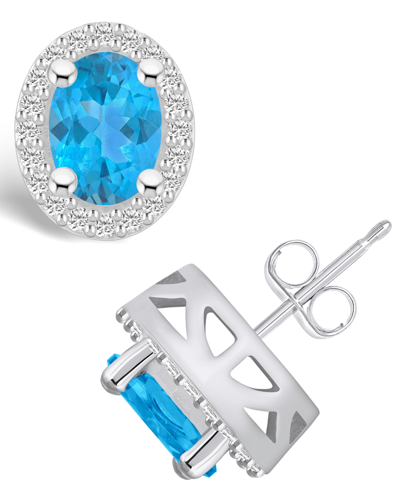 Macy's Topaz (3-1/5 Ct. T.w.) And Diamond (3/8 Ct. T.w.) Halo Stud Earrings In 14k White Gold In Blue Topaz