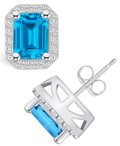 Macy's Topaz (4 Ct. T.w.) And Diamond (3/8 Ct. T.w.) Halo Stud Earrings In 14k White Gold In Blue Topaz
