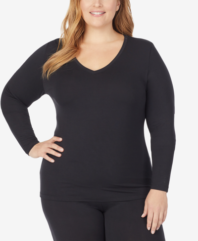 Cuddl Duds Plus Size Softwear With Stretch Long Sleeve V-neck Top In Black